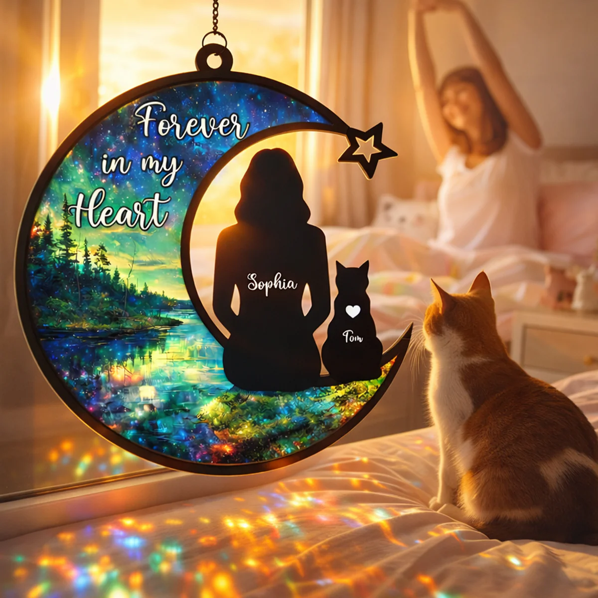 Cat Memorial Forever In My Heart - Personalized Stained Glass Suncatcher Ornament - Gift For Cat Lovers, Cat Mom - Image 6