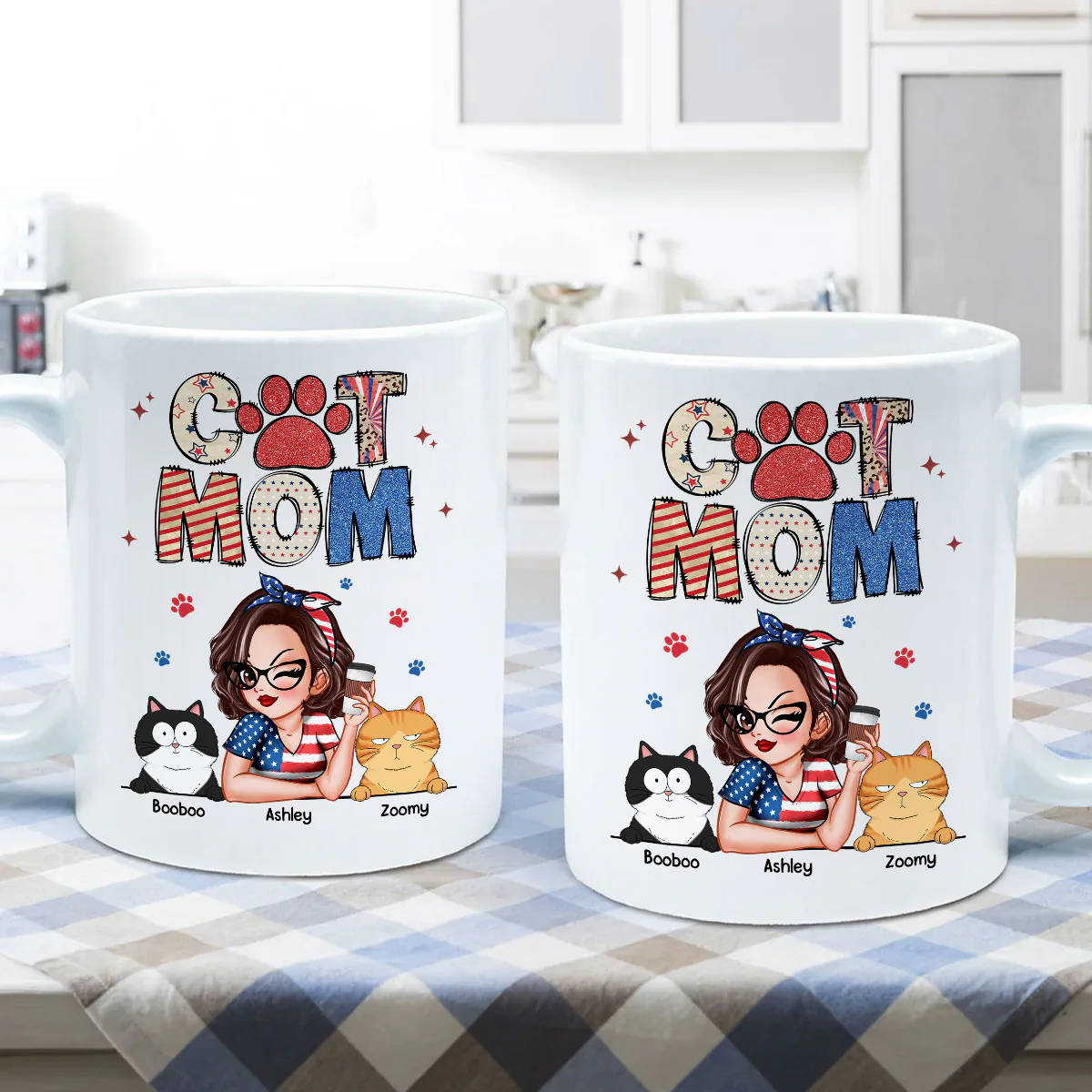 Cat Mom 4th of July America Sparkly Pattern Personalized Mug, Independence Day - Image 6