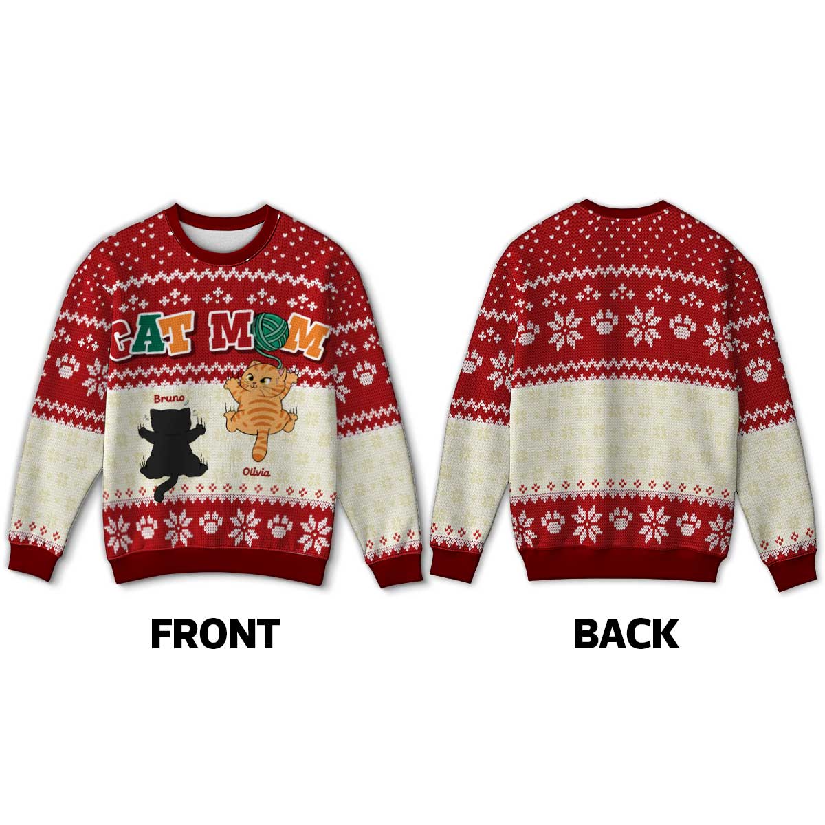 Cat Mom Cat Dad Funny Cat Climbing Personalized Faux Knitting Ugly Sweater - Image 2