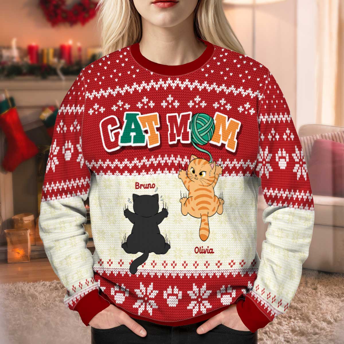 Cat Mom Cat Dad Funny Cat Climbing Personalized Faux Knitting Ugly Sweater - Image 3