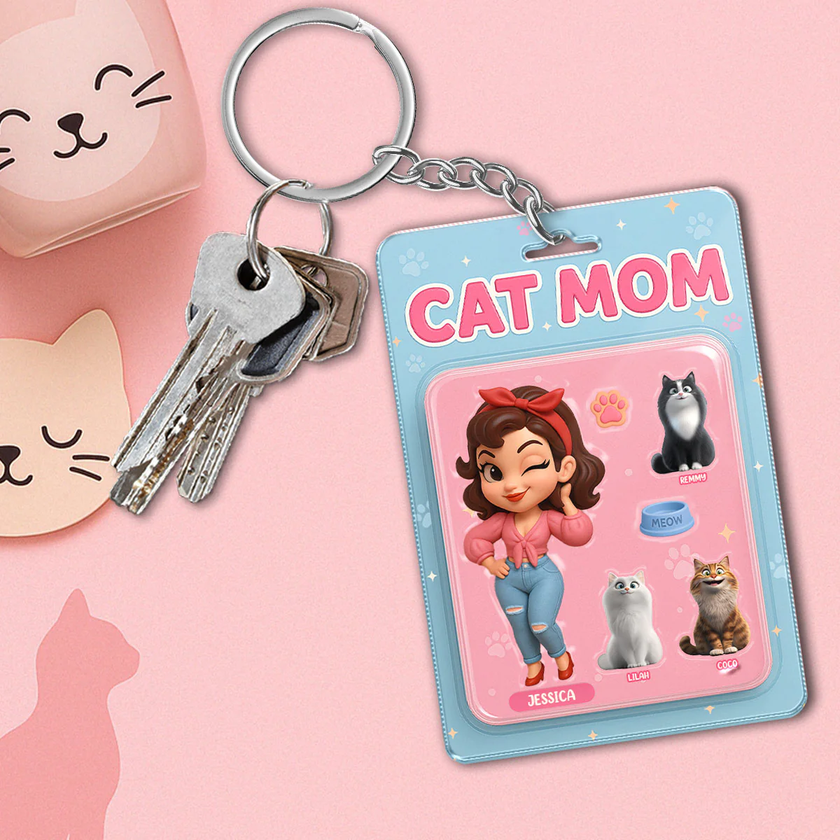 Cat Mom Custom Figure Cute Cartoon Cats Personalized Acrylic Keychain - Image 4