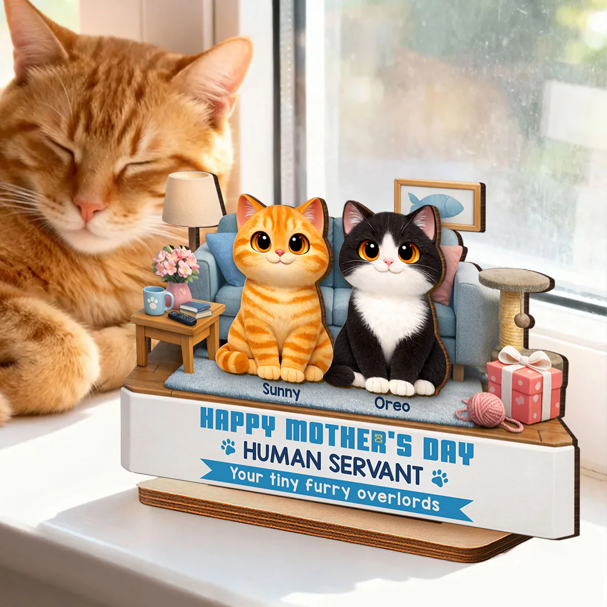 Cat Mom Cute Fluffy Cats Happy Mother's Day Human Servant - Personalized 2-Layered Wooden Plaque - Funny Mother's Day Gift For Cat Mom - Image 2