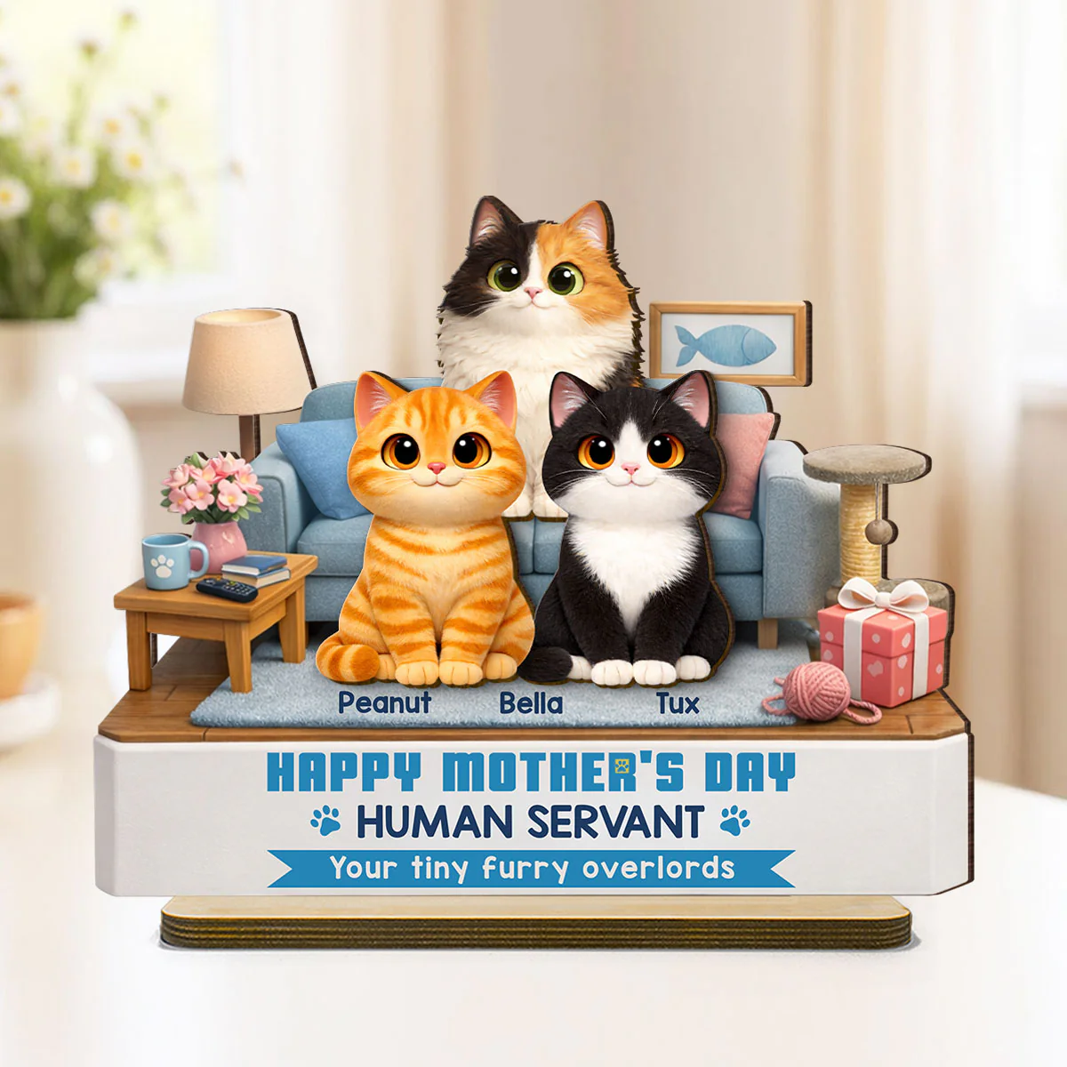 Cat Mom Cute Fluffy Cats Happy Mother's Day Human Servant - Personalized 2-Layered Wooden Plaque - Funny Mother's Day Gift For Cat Mom - Image 3