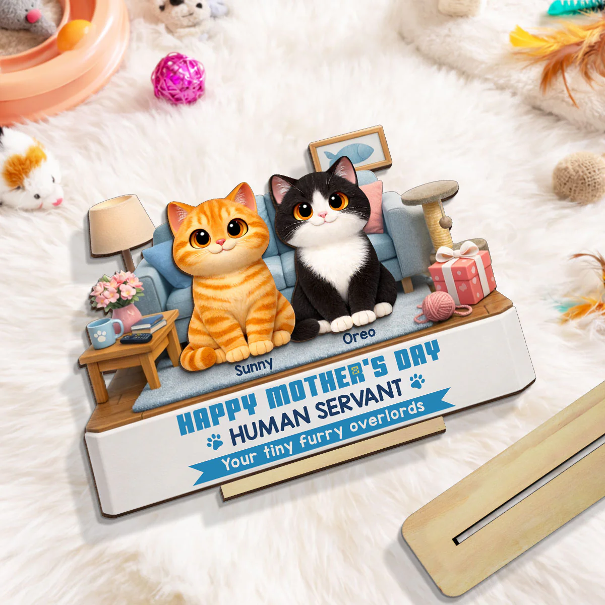 Cat Mom Cute Fluffy Cats Happy Mother's Day Human Servant - Personalized 2-Layered Wooden Plaque - Funny Mother's Day Gift For Cat Mom - Image 4