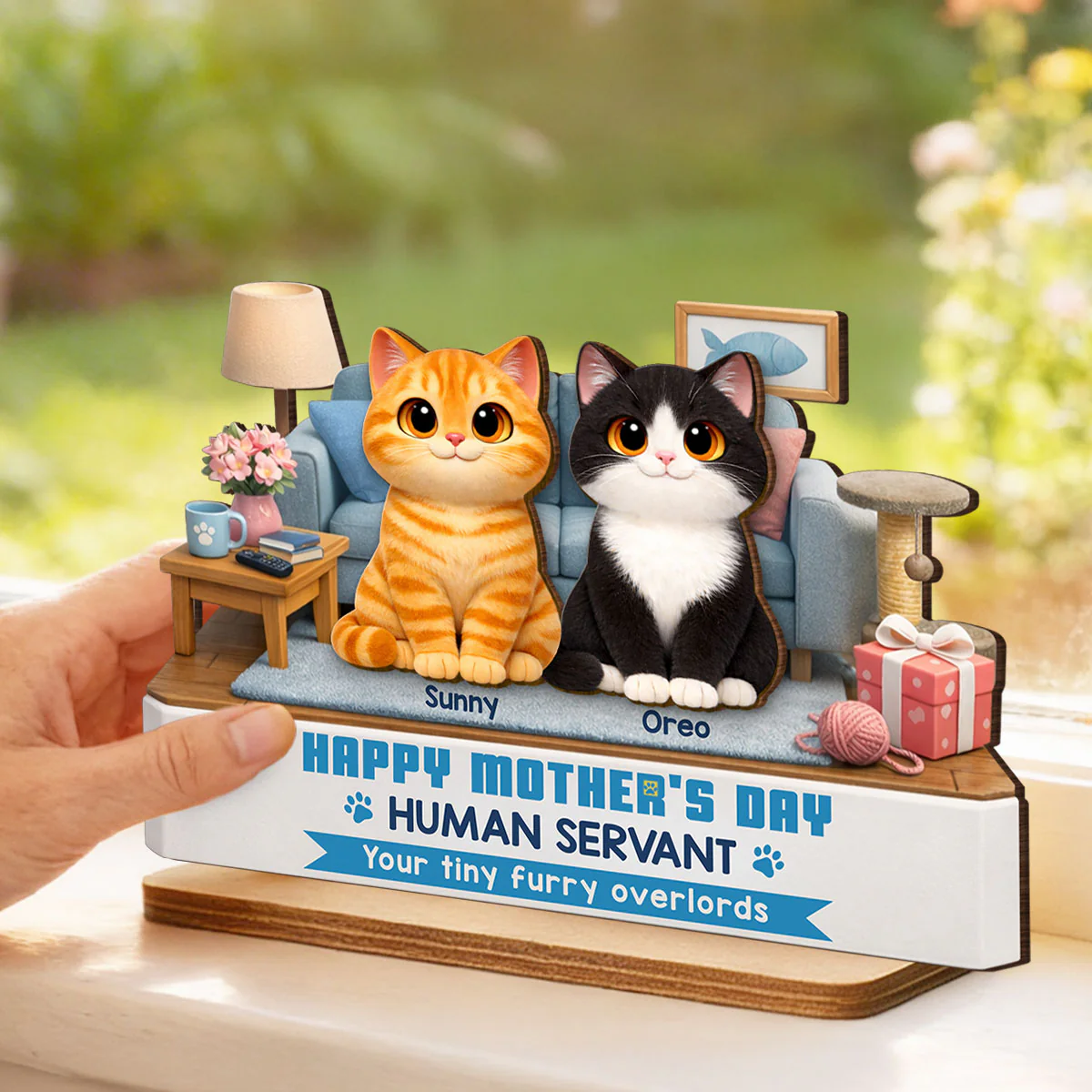 Cat Mom Cute Fluffy Cats Happy Mother's Day Human Servant - Personalized 2-Layered Wooden Plaque - Funny Mother's Day Gift For Cat Mom - Image 5