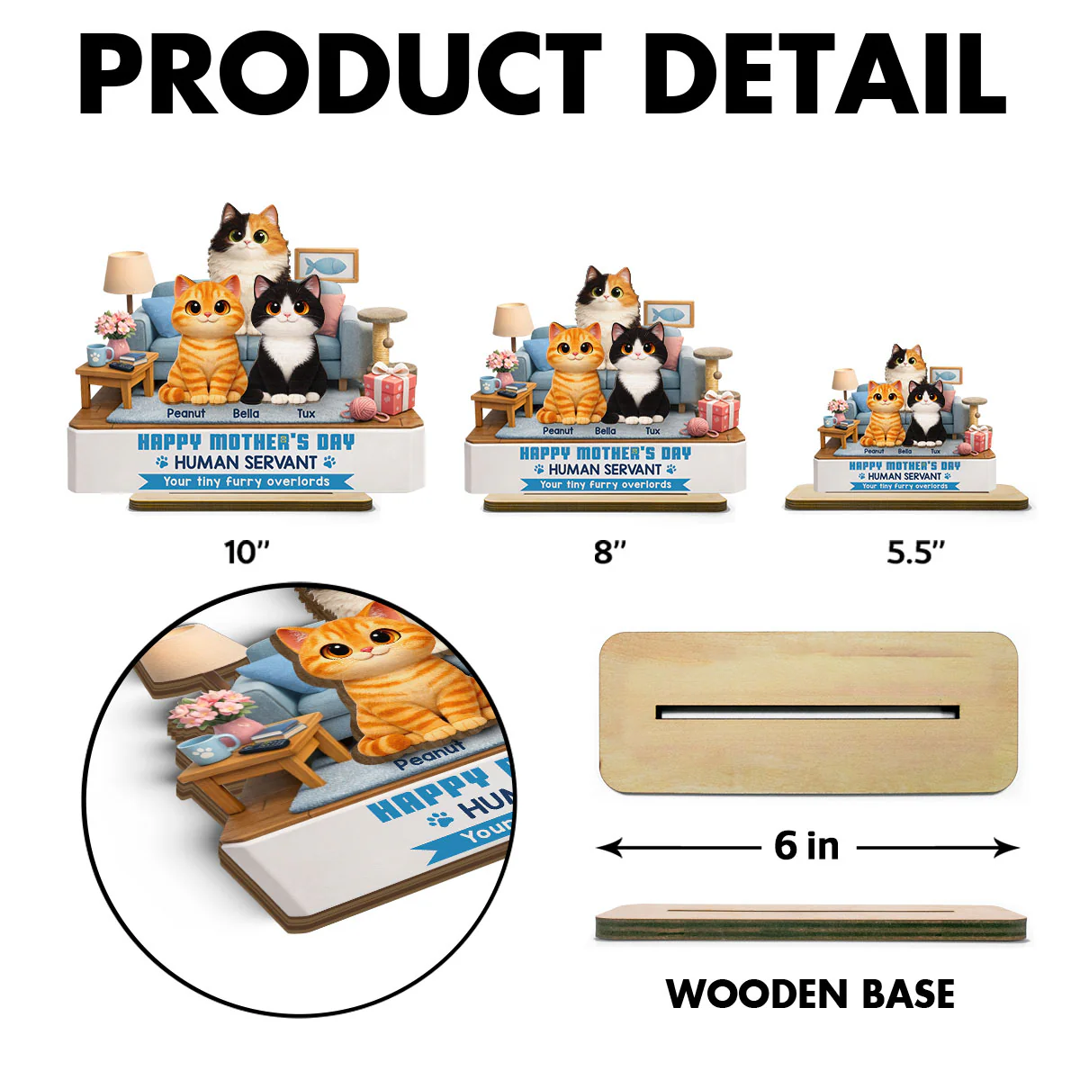 Cat Mom Cute Fluffy Cats Happy Mother's Day Human Servant - Personalized 2-Layered Wooden Plaque - Funny Mother's Day Gift For Cat Mom - Image 6