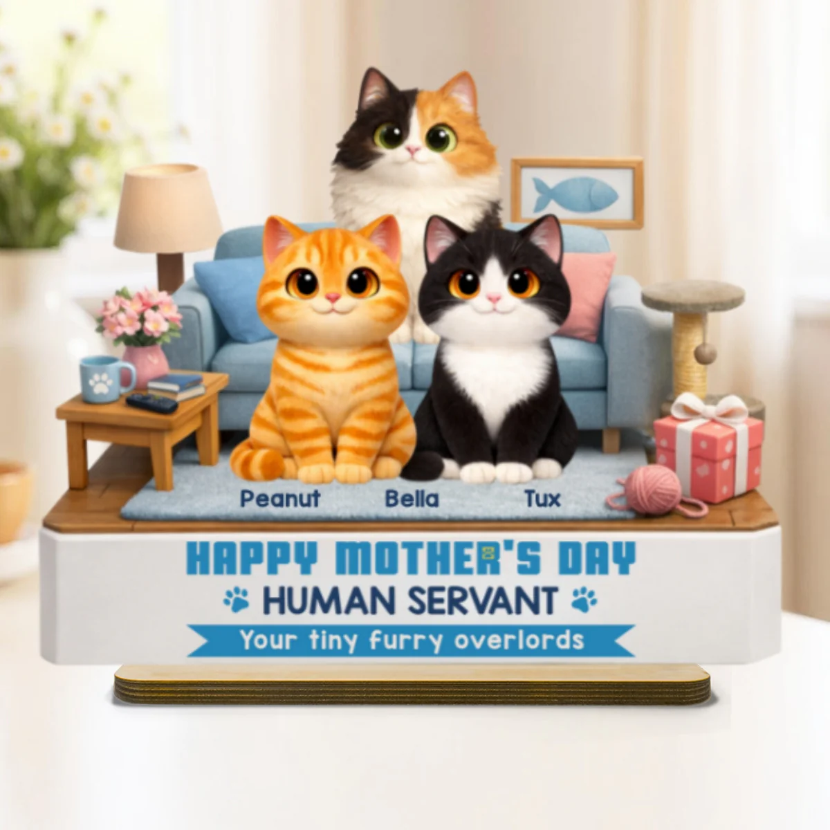 Cat Mom Cute Fluffy Cats Happy Mother's Day Human Servant - Personalized 2-Layered Wooden Plaque - Funny Mother's Day Gift For Cat Mom - Image 8