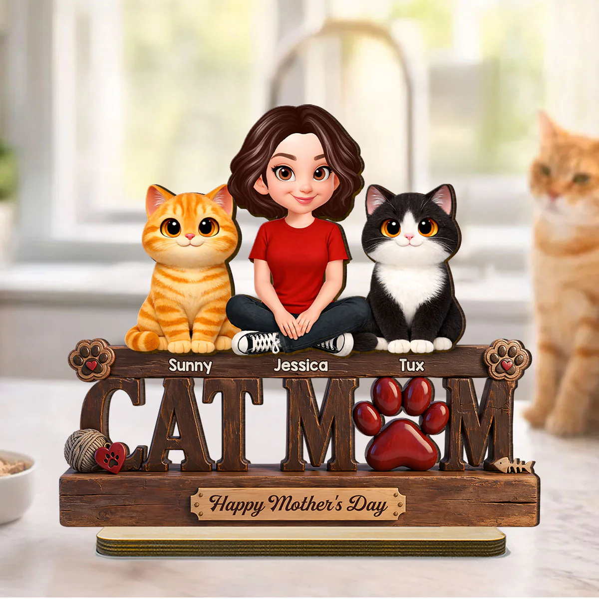 Cat Mom Cute Fluffy Cats Happy Mother's Day - Personalized 2-Layered Wooden Plaque - Mother's Day Gift For Cat Mom - Image 2