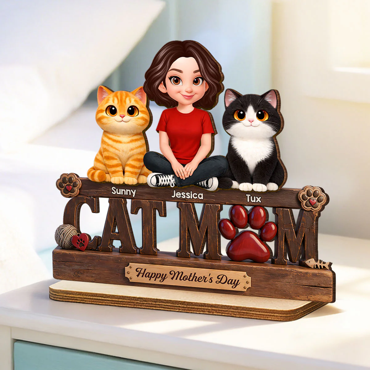 Cat Mom Cute Fluffy Cats Happy Mother's Day - Personalized 2-Layered Wooden Plaque - Mother's Day Gift For Cat Mom - Image 4