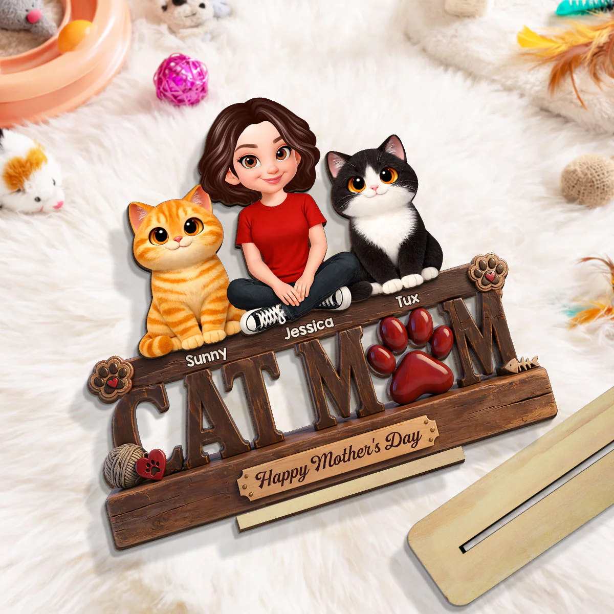 Cat Mom Cute Fluffy Cats Happy Mother's Day - Personalized 2-Layered Wooden Plaque - Mother's Day Gift For Cat Mom - Image 5