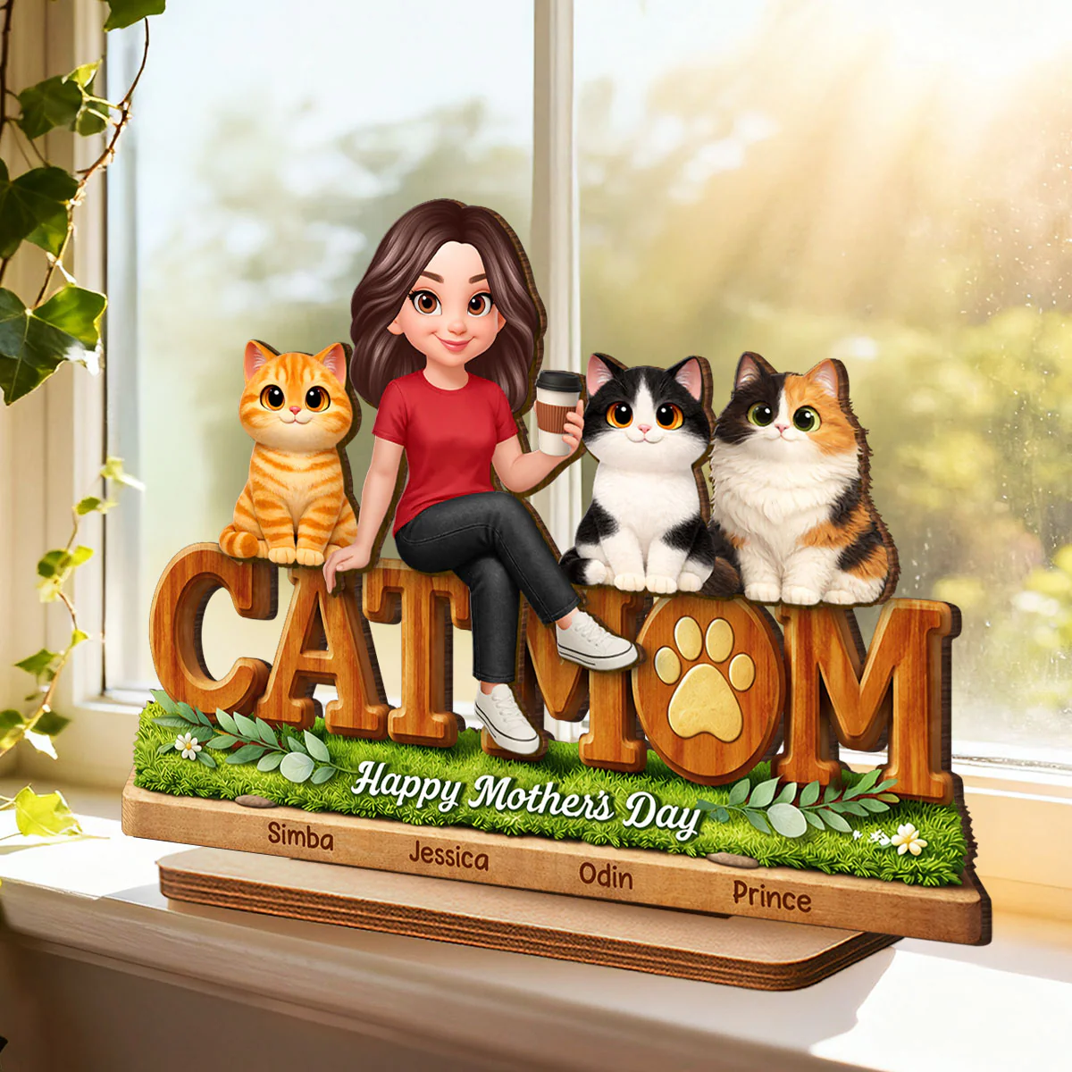 Cat Mom Cute Fluffy Cats - Personalized 2-Layered Wooden Plaque - Mother's Day Gift For Cat Mom - Image 2