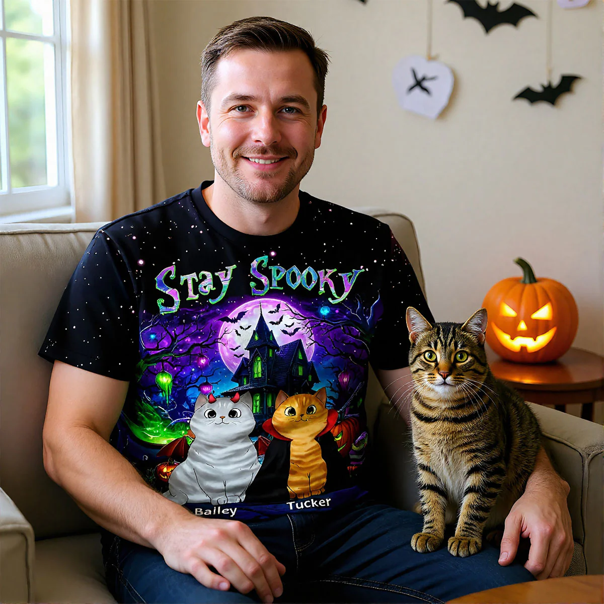 Cat Mom Halloween Dreamscape Background Personalized Shirt, Purrfect Costume for Cat Lover - Image 2