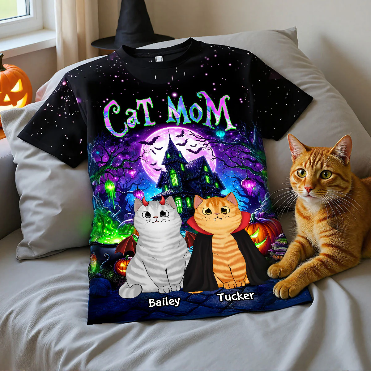 Cat Mom Halloween Dreamscape Background Personalized Shirt, Purrfect Costume for Cat Lover - Image 5