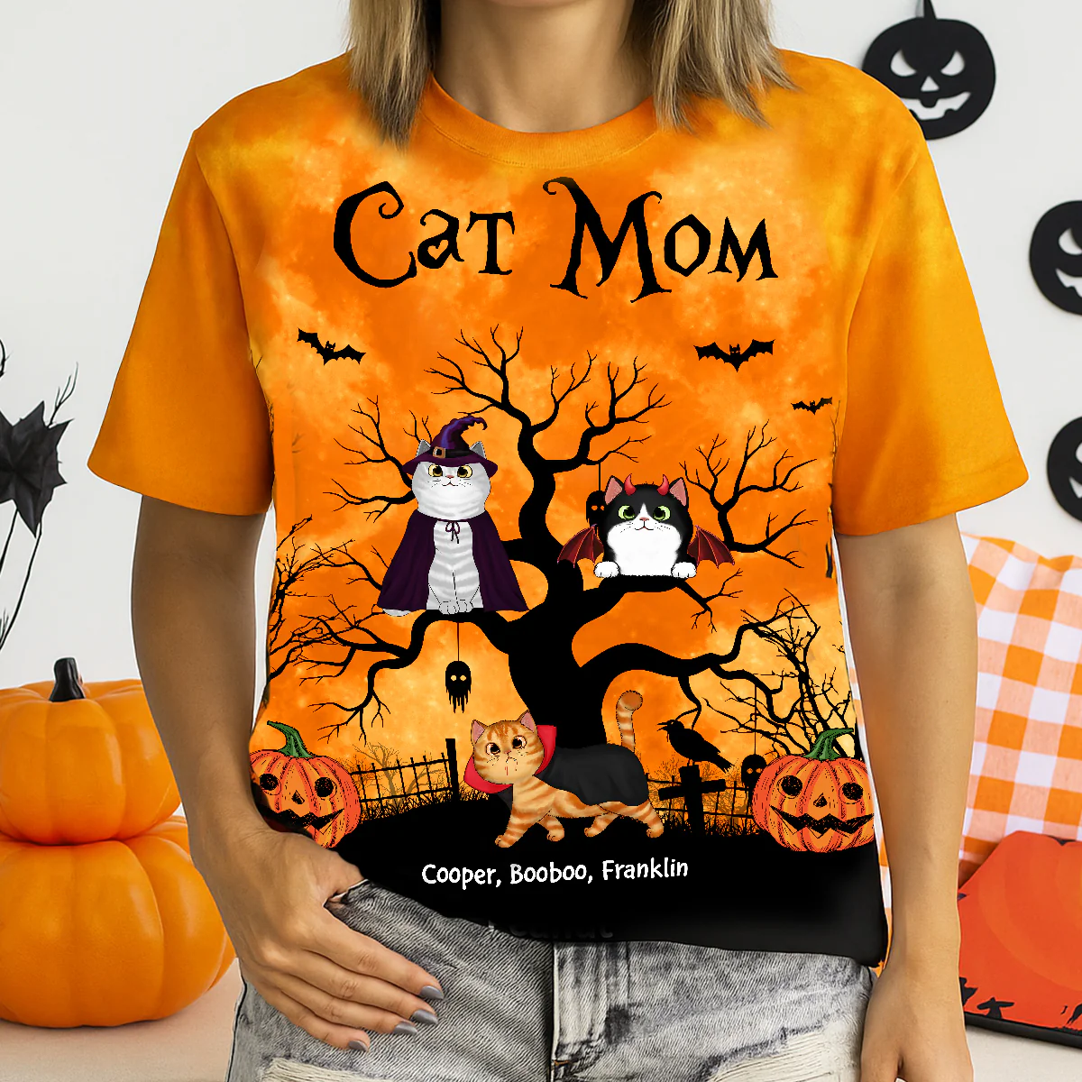 Cat Mom Halloween Moon Light Bat Cat Tree Personalized Shirt, Purrfect Costume for Cat Lover - Image 2