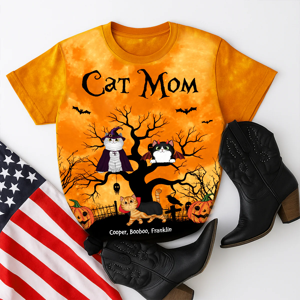 Cat Mom Halloween Moon Light Bat Cat Tree Personalized Shirt, Purrfect Costume for Cat Lover - Image 4