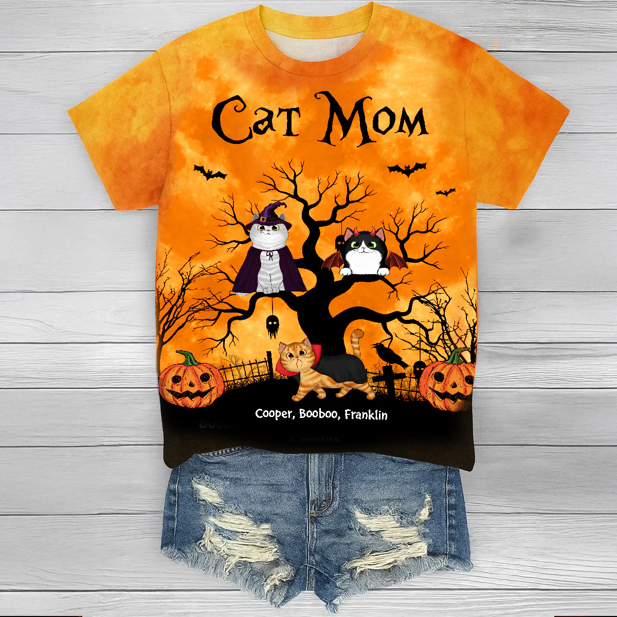Cat Mom Halloween Moon Light Bat Cat Tree Personalized Shirt, Purrfect Costume for Cat Lover - Image 8