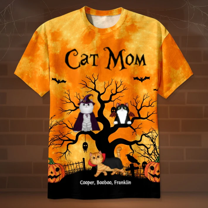 Cat Mom Halloween Moon Light Bat Cat Tree Personalized Shirt, Purrfect Costume for Cat Lover - Image 9