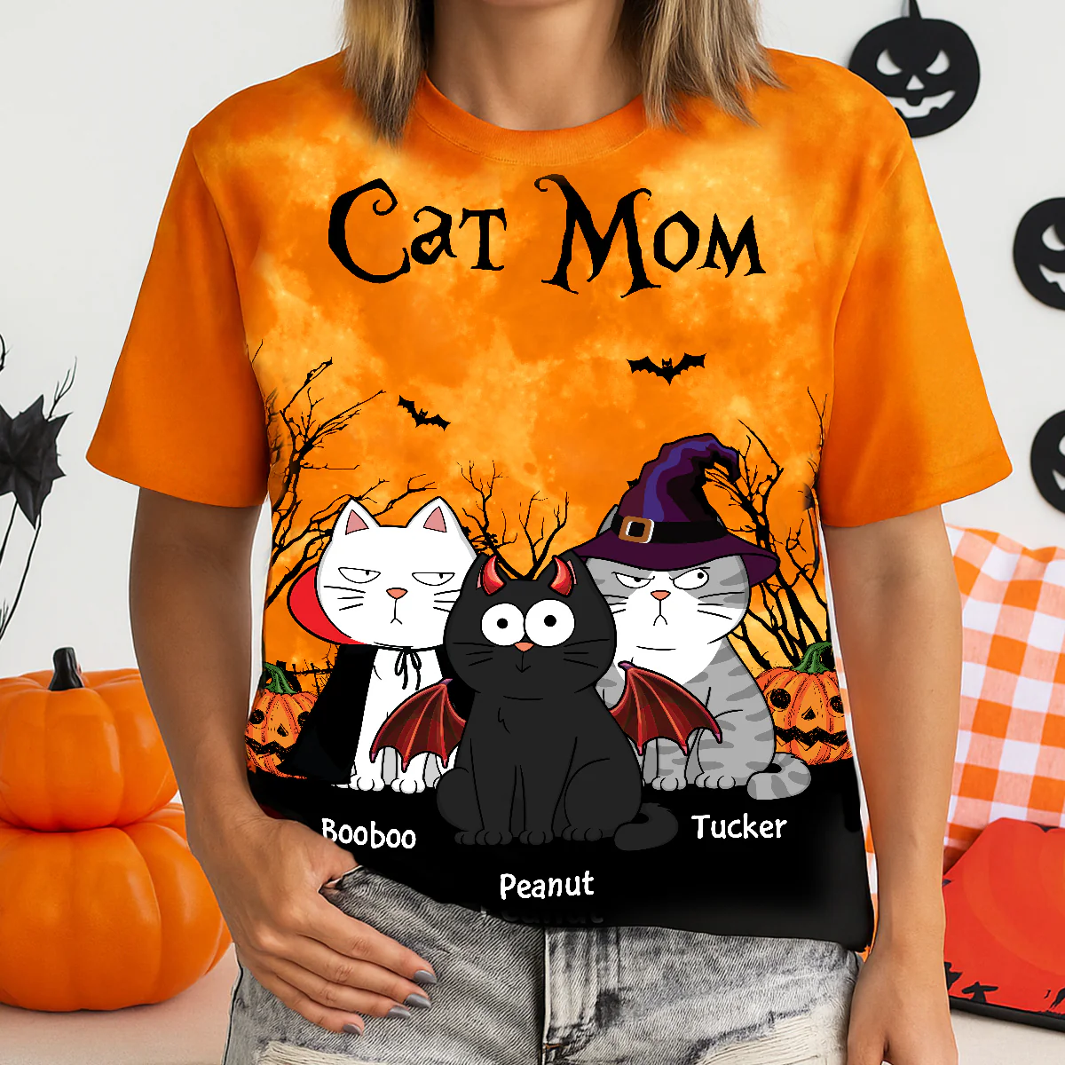 Cat Mom Halloween Moon Light Bat Tree Annoying Cat Personalized Shirt, Purrfect Costume for Cat Lover - Image 3