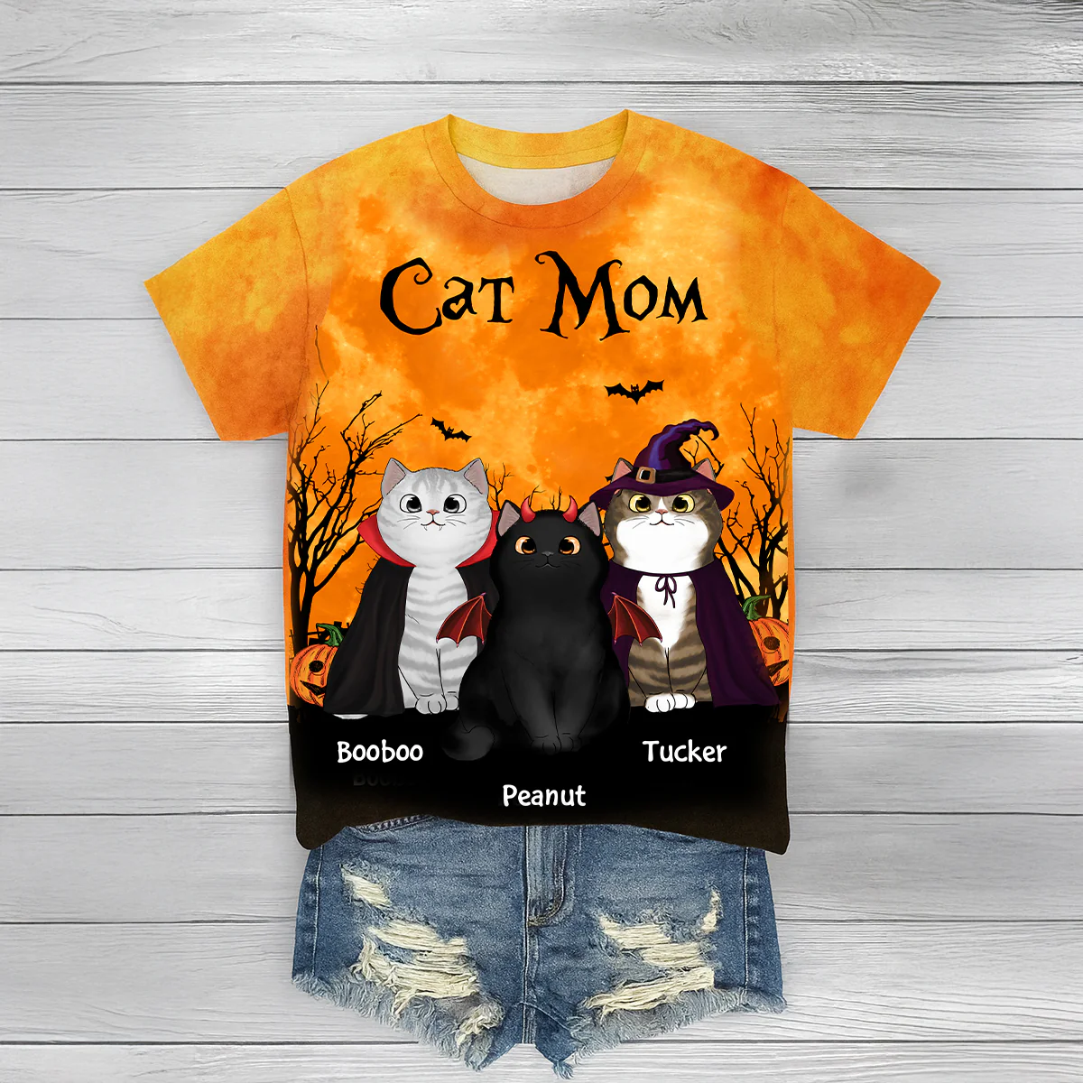 Cat Mom Halloween Moon Light Bat Tree - Personalized 3D Shirt - Image 10