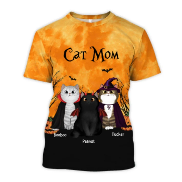 Cat Mom Halloween Moon Light Bat Tree - Personalized 3D Shirt - Image 13