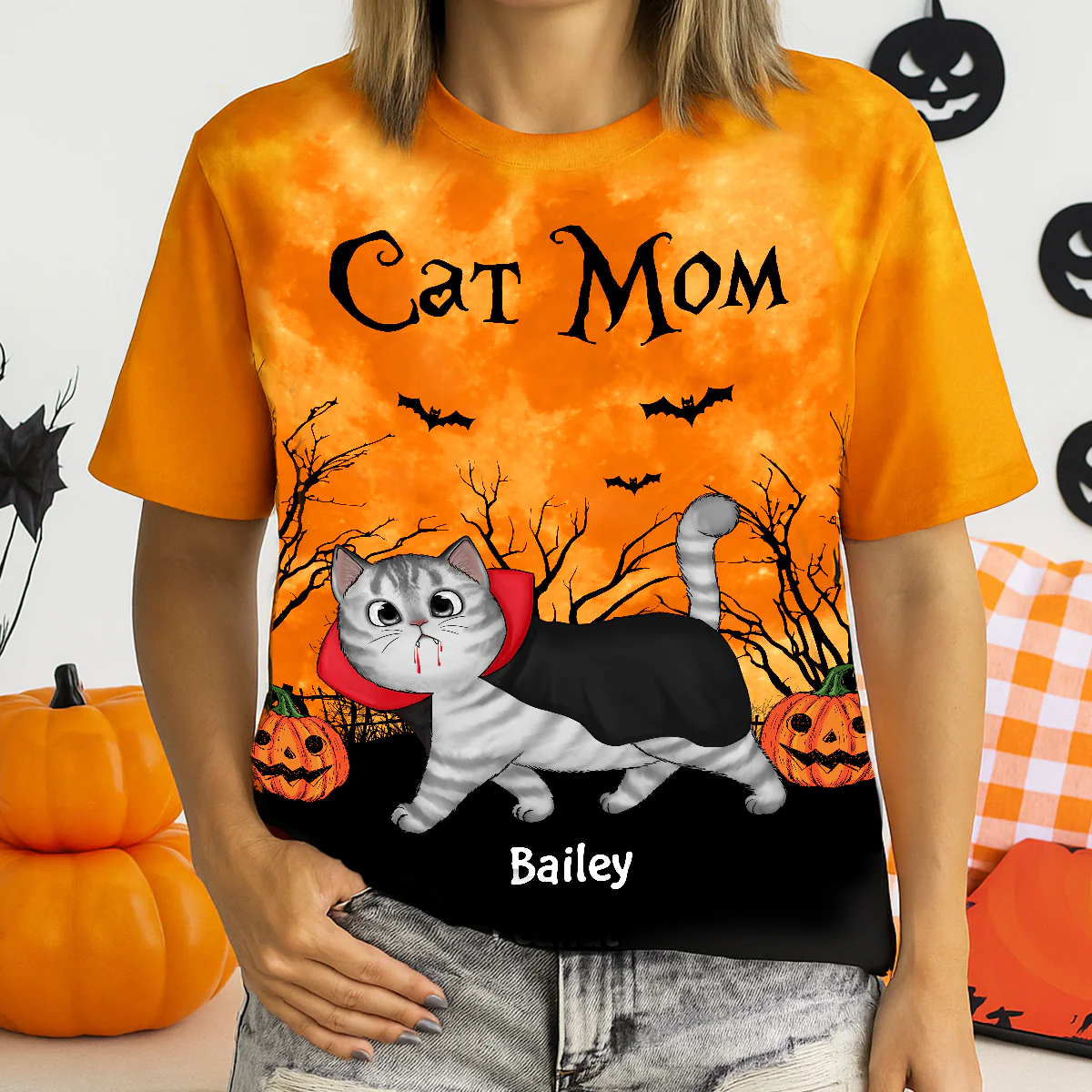 Cat Mom Halloween Moon Light Bat Tree Walking Cat Personalized Shirt, Purrfect Costume for Cat Lover - Image 2