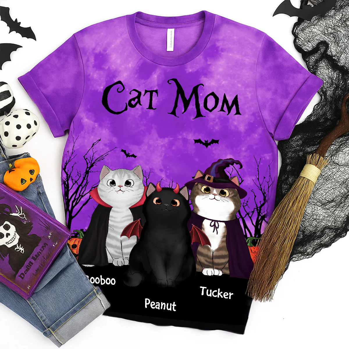 Cat Mom Halloween Moon Light Bat Tree Witchy Theme Personalized Shirt, Purrfect Costume for Cat Lover - Image 3