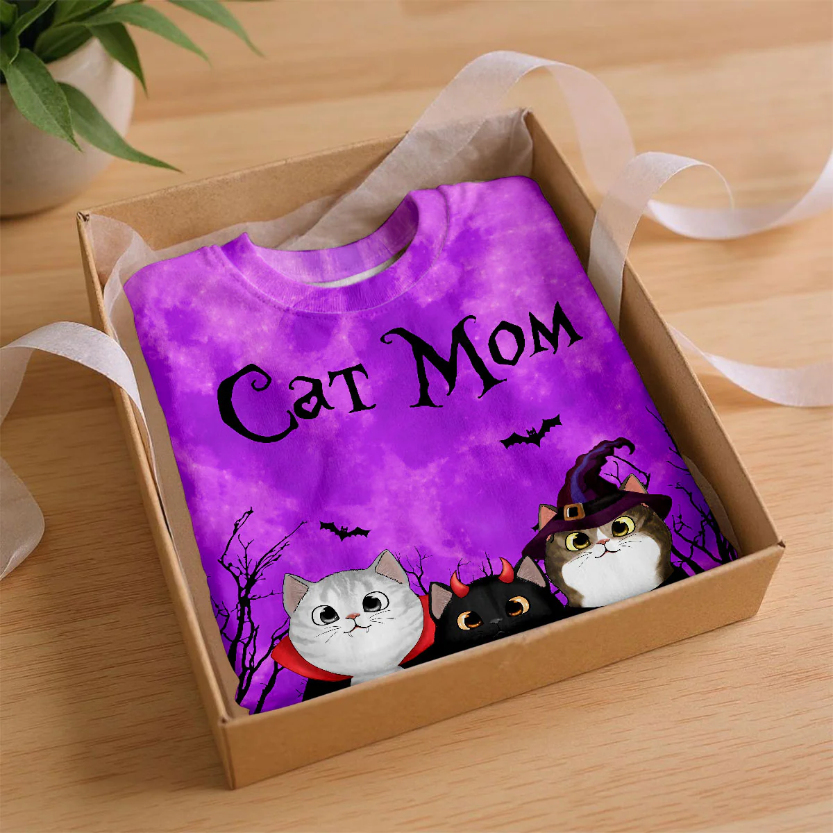 Cat Mom Halloween Moon Light Bat Tree Witchy Theme Personalized Shirt, Purrfect Costume for Cat Lover - Image 5