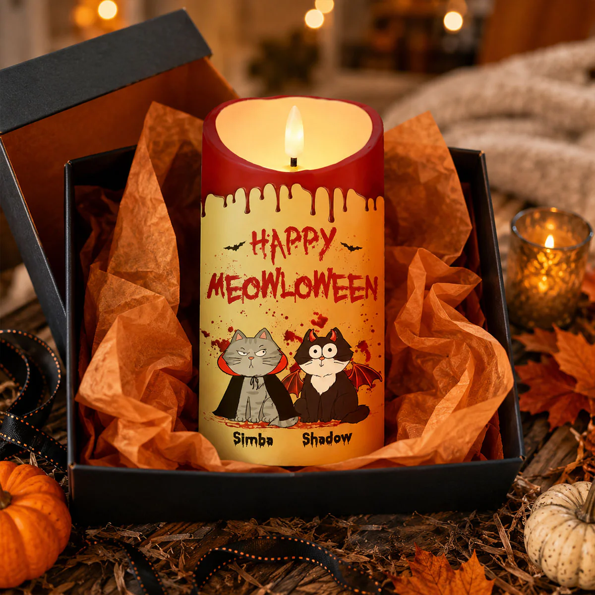 Cat Mom Happy Meowloween Blood Drip - Personalized LED Candle - Purrfect Halloween Decor for Cat Lover - Image 3