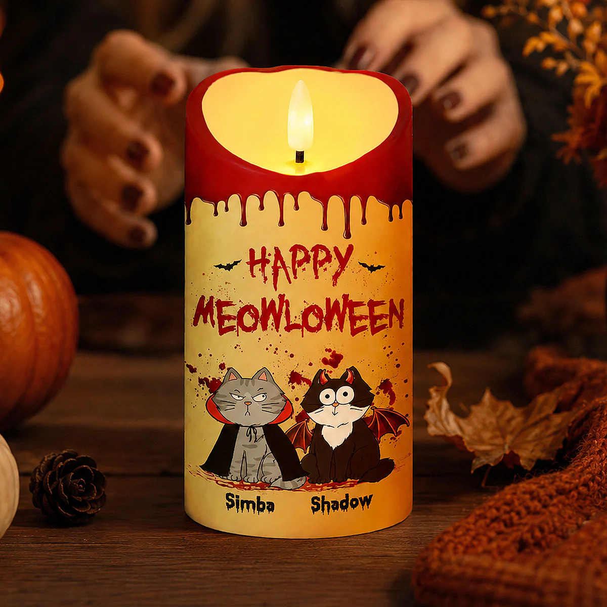 Cat Mom Happy Meowloween Blood Drip - Personalized LED Candle - Purrfect Halloween Decor for Cat Lover - Image 4