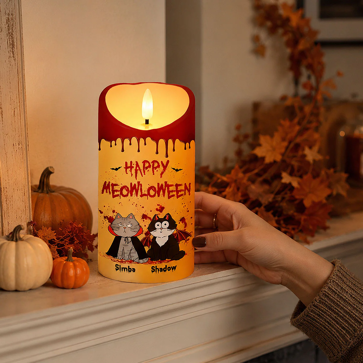 Cat Mom Happy Meowloween Blood Drip - Personalized LED Candle - Purrfect Halloween Decor for Cat Lover - Image 6