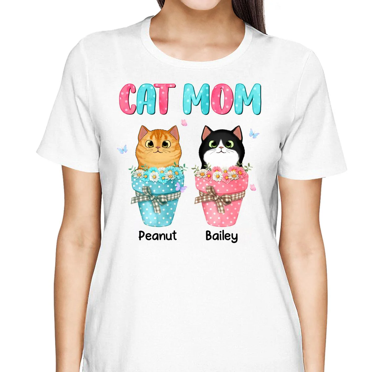 Cat Mom Peeking Cats On Flower Pot Personalized Shirt - Image 2