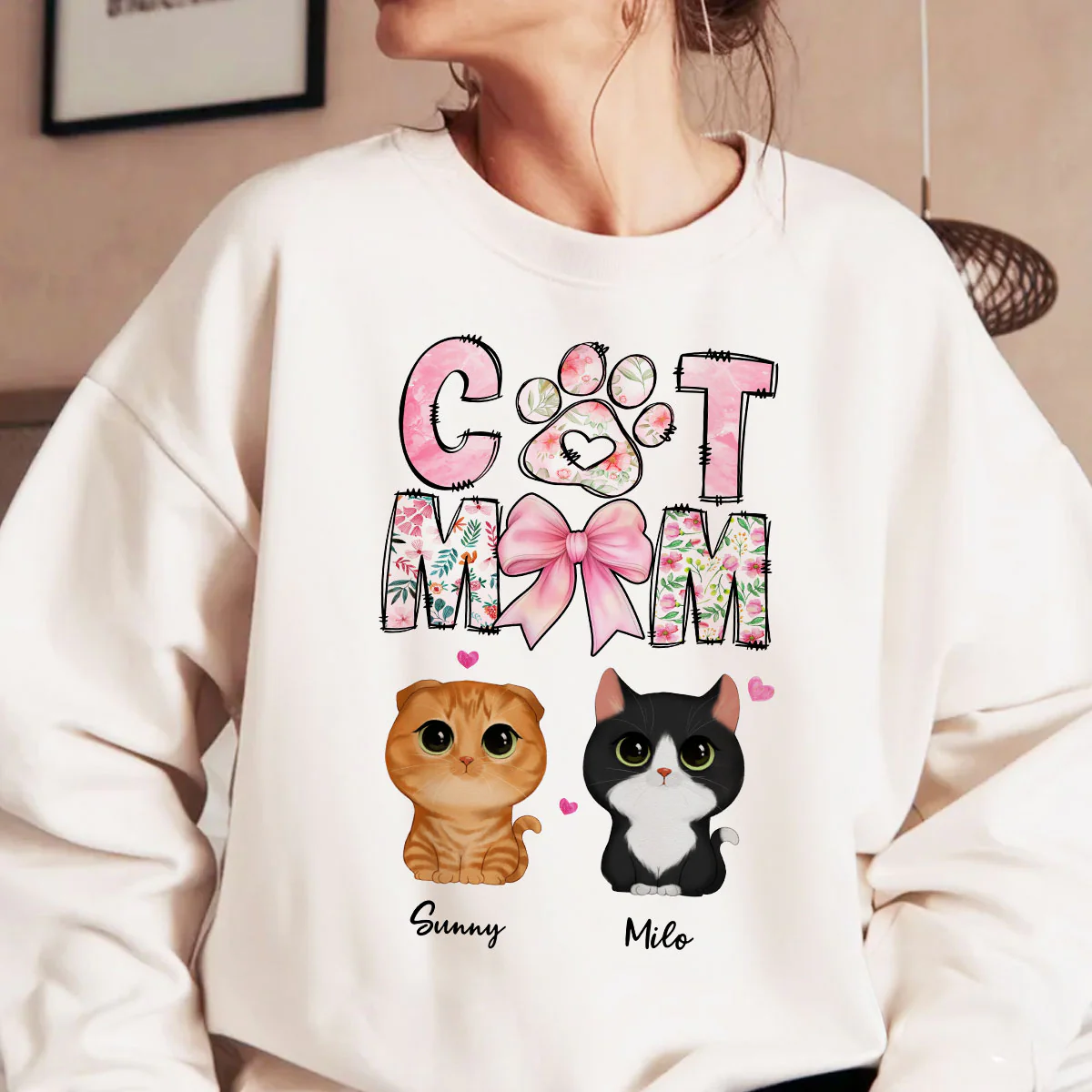 Cat Mom Pink Coquette Personalized Shirt, Watercolor Cute Cat, Gift for Cat Moms - Image 3
