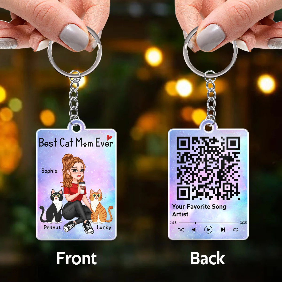 Cat Mom Pretty Cartoon Girl Gift For Cat Lover Favorite Song QR Code Personalized Acrylic Keychain - Image 3
