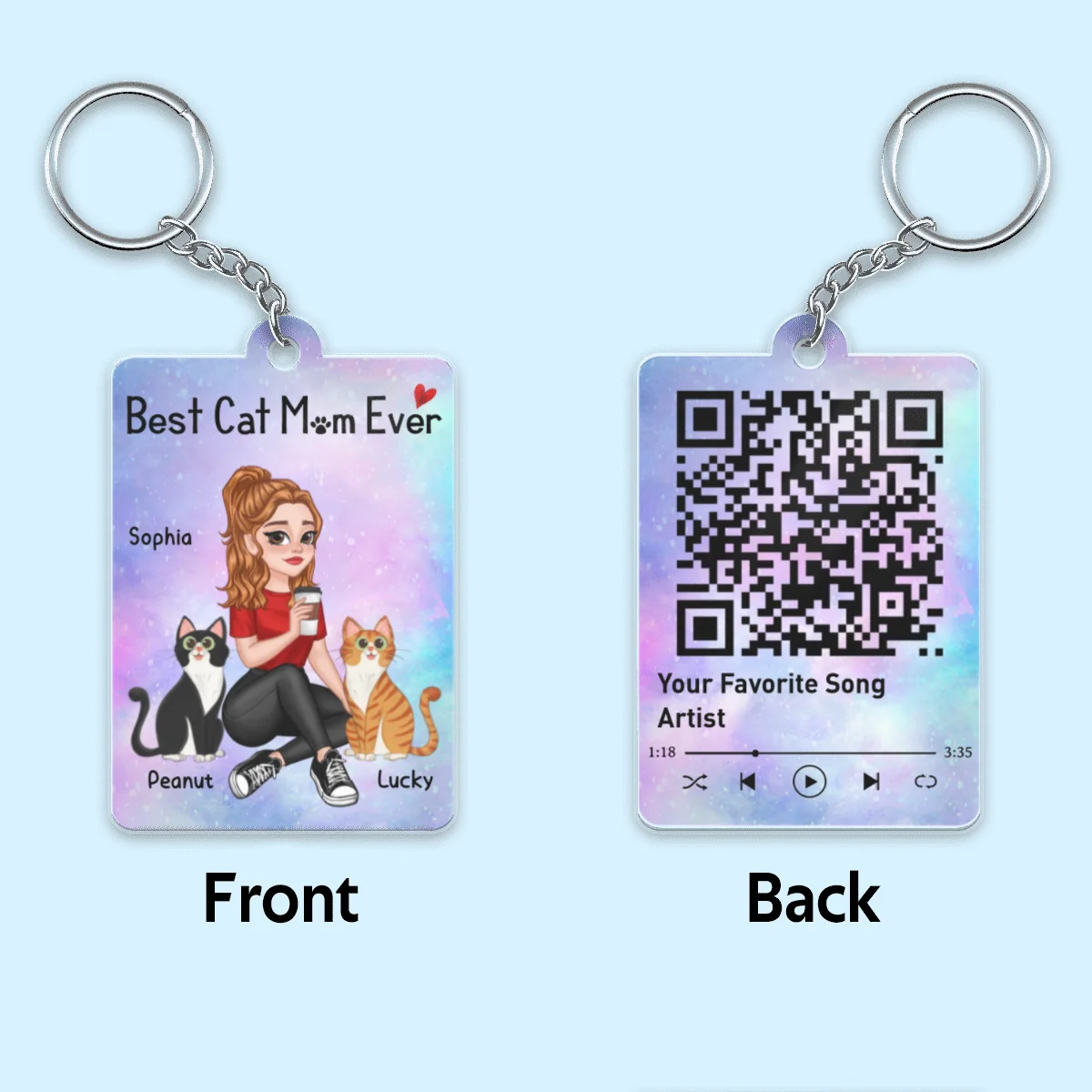Cat Mom Pretty Cartoon Girl Gift For Cat Lover Favorite Song QR Code Personalized Acrylic Keychain - Image 4
