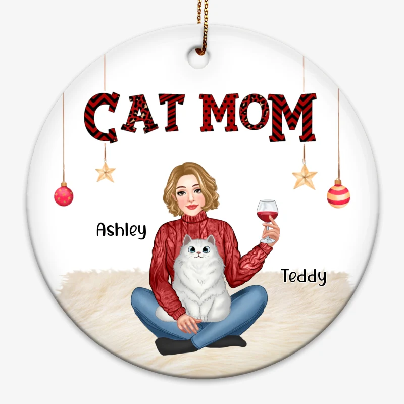 Cat Mom Pretty Girl Christmas Personalized Decorative Circle Ornament