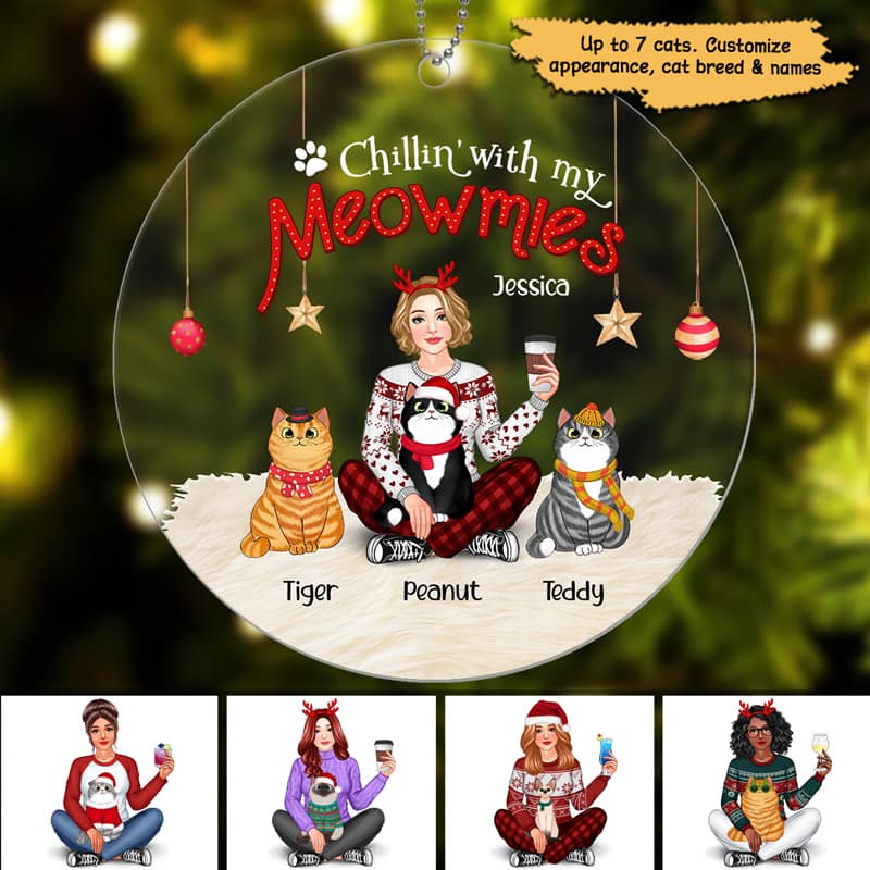 Cat Mom Pretty Girl Personalized Acrylic Ornament - Image 2