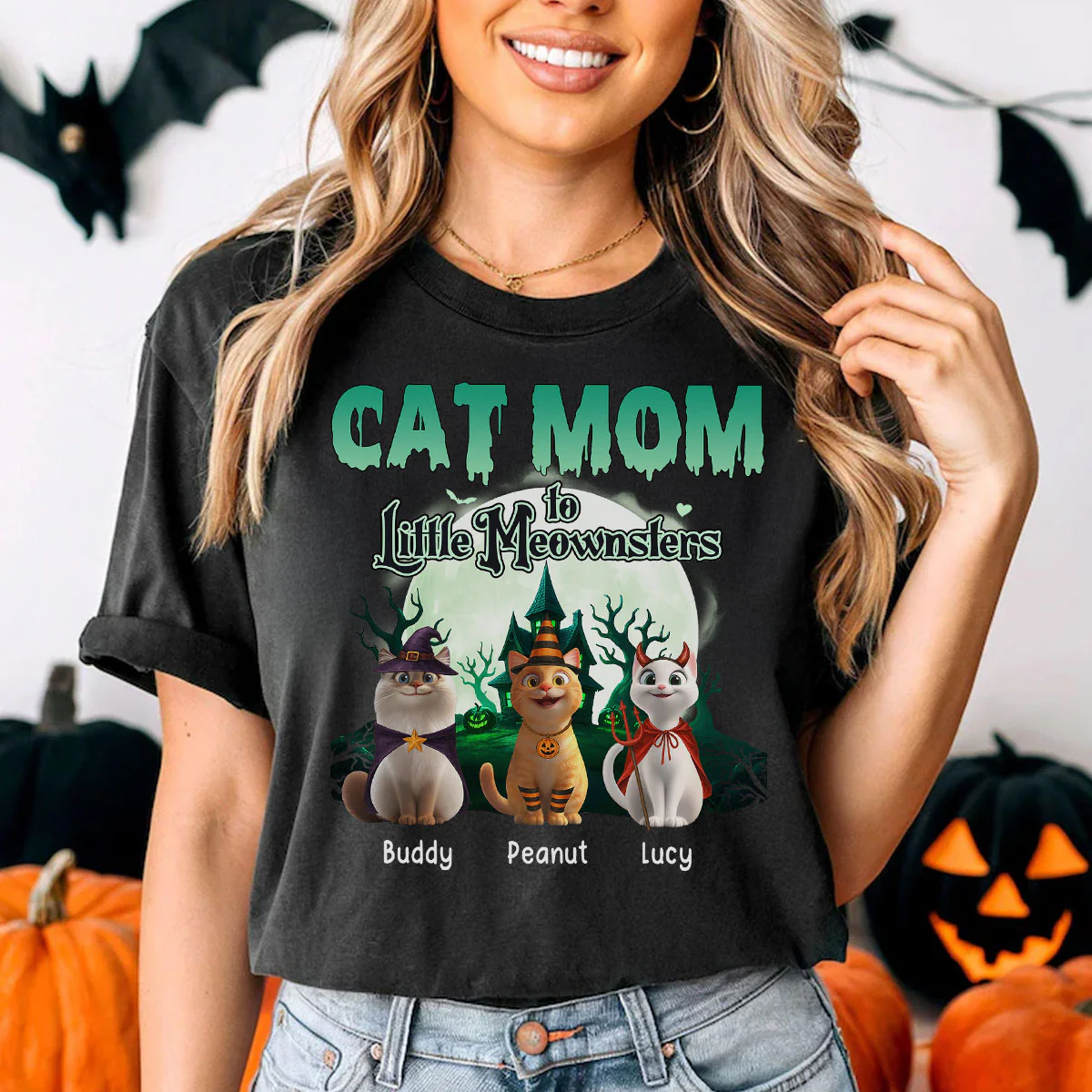 Cat Mom to Little Meownsters Personalized Shirt, Halloween Shirt for Cat Moms - Image 2