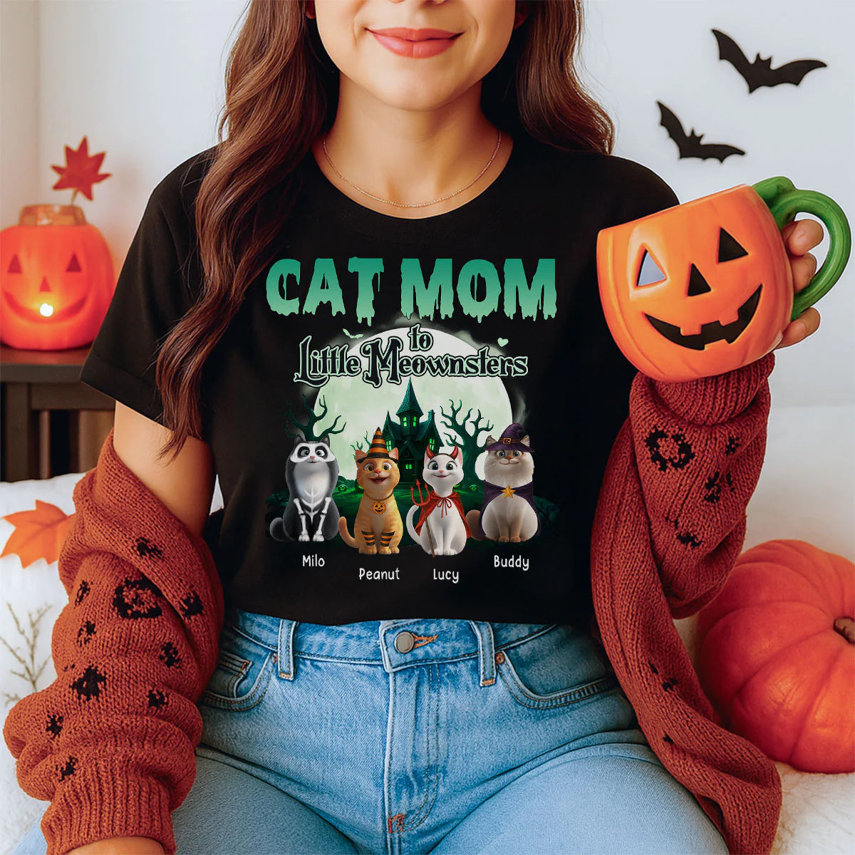 Cat Mom to Little Meownsters Personalized Shirt, Halloween Shirt for Cat Moms - Image 4