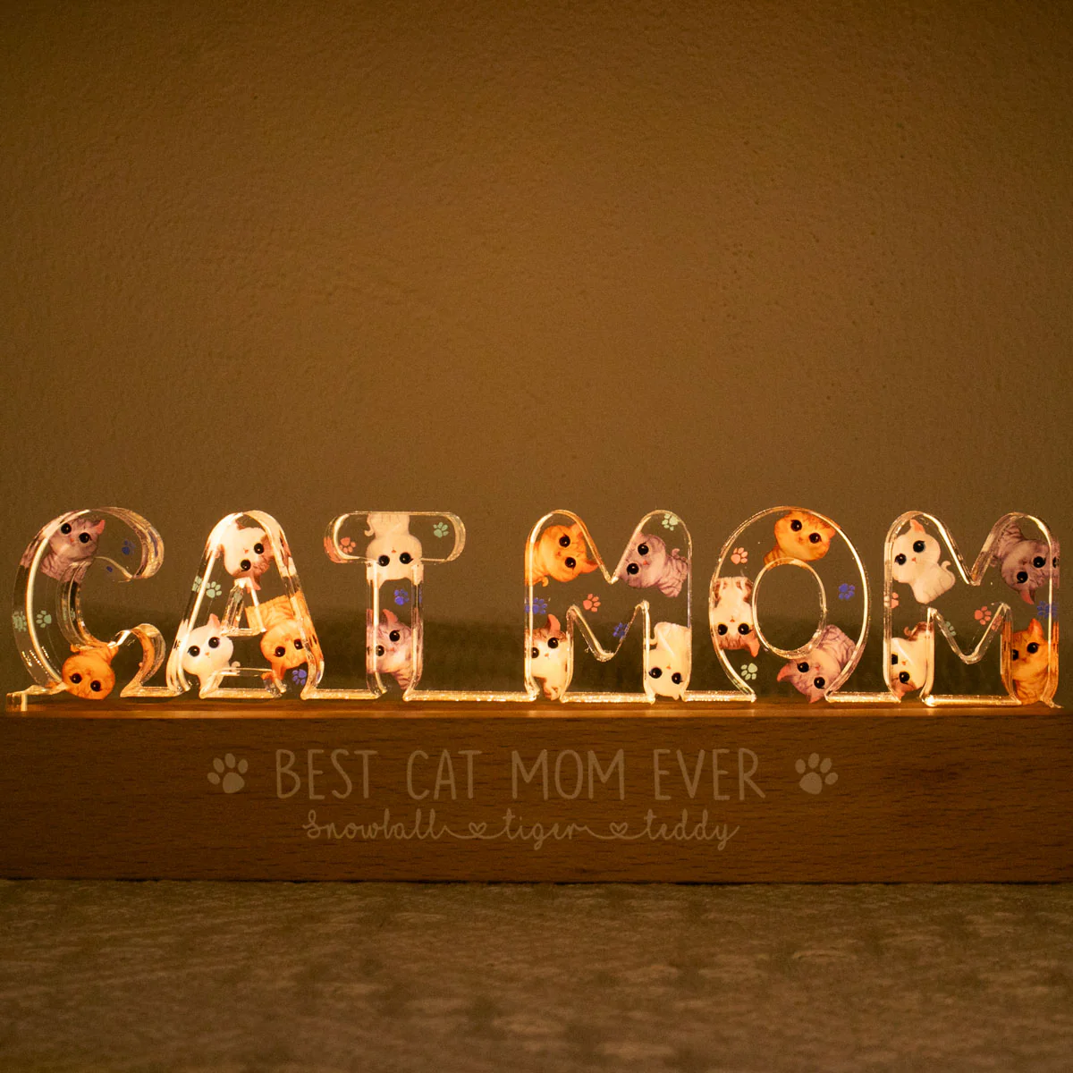 Cat Mom Watercolor Cute Cats Personalized LED Night Light