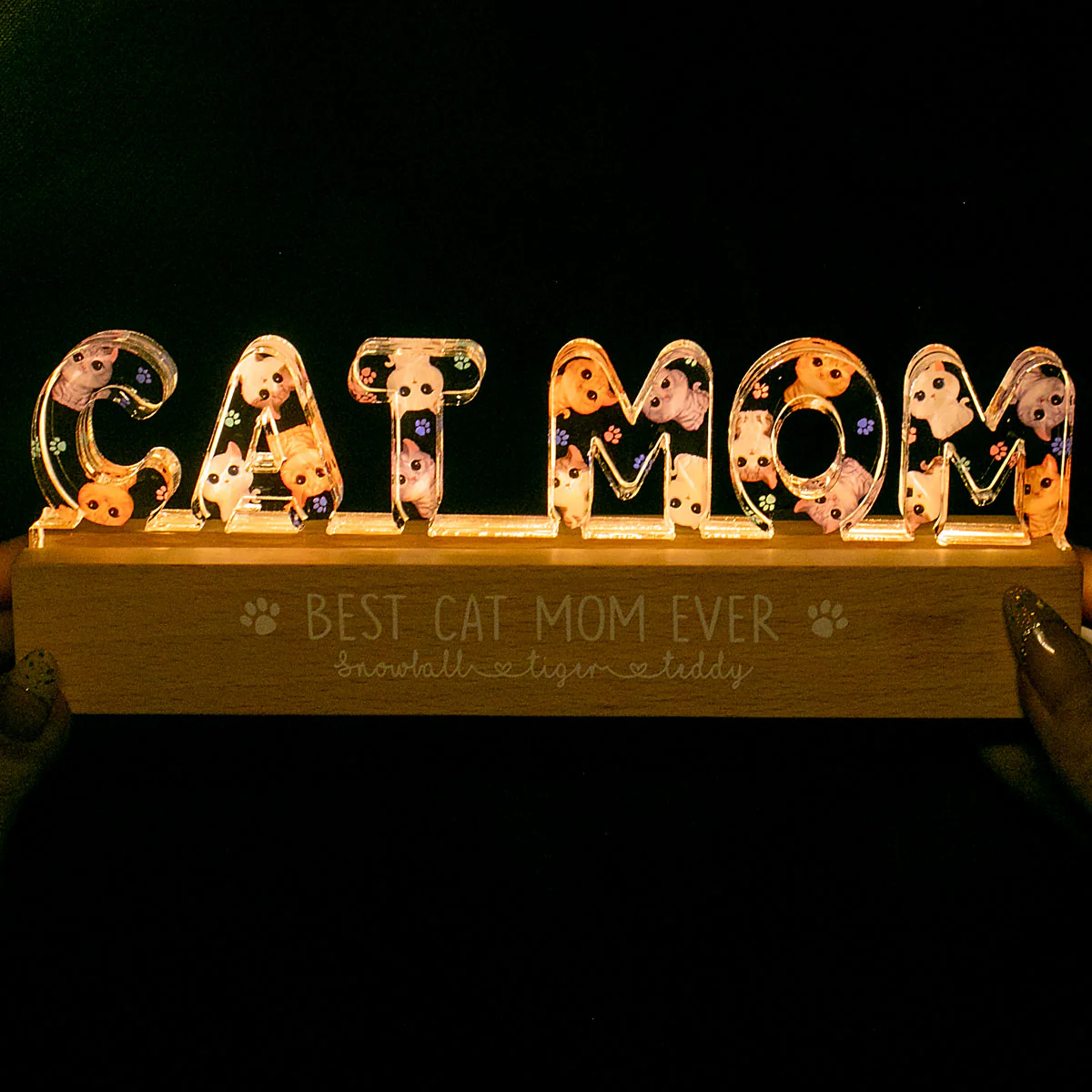 Cat Mom Watercolor Cute Cats Personalized LED Night Light - Image 4