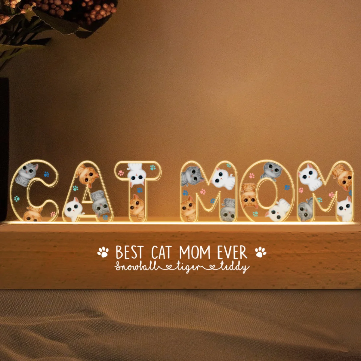 Cat Mom Watercolor Cute Cats Personalized LED Night Light - Image 5