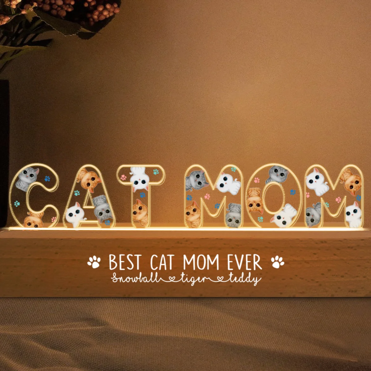Cat Mom Watercolor Cute Cats Personalized LED Night Light - Image 6