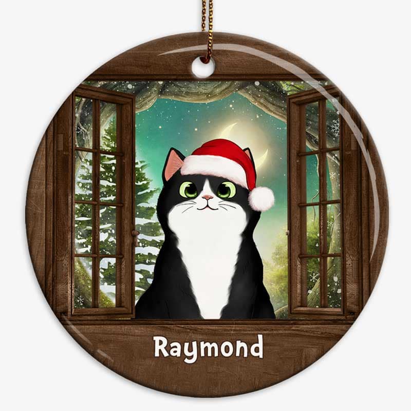 Cat Peeking On Window Christmas Personalized Circle Ornament