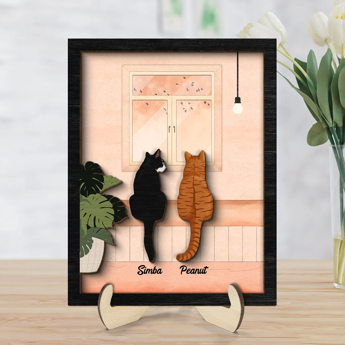 Cat Portrait Print Looking At Birds Outside Window Personalized 2-Layer Wooden Plaque - Image 7