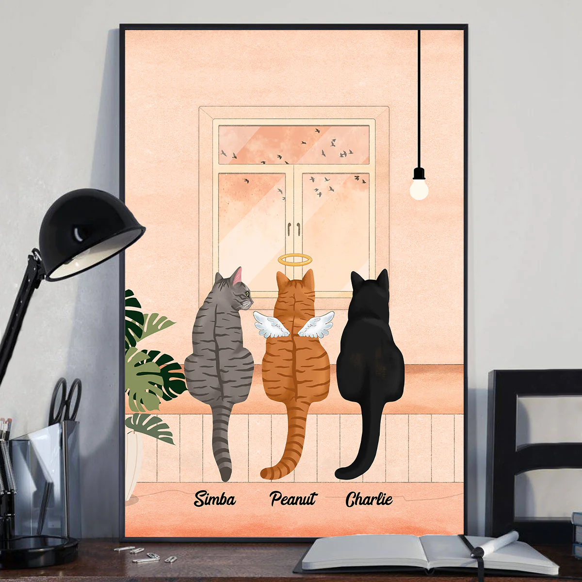 Cat Portrait Print Looking At Birds Outside Window Personalized Poster - Image 2