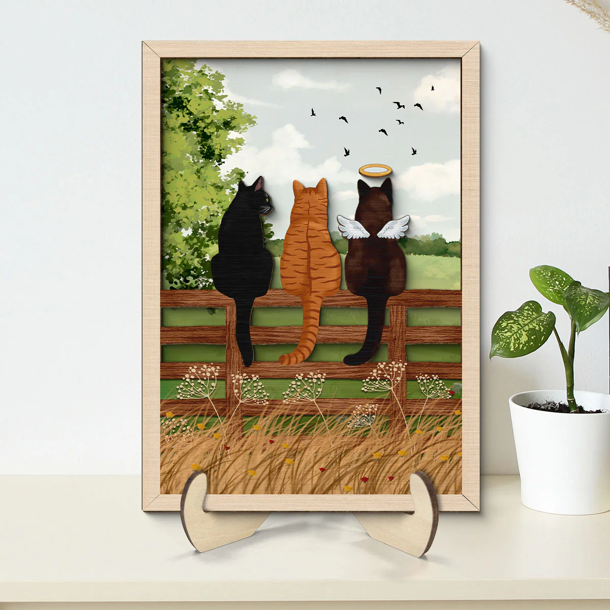 Cat Portrait Prints Cats Sitting on Fence in Countryside Personalized 2-Layer Wooden Plaque - Image 2