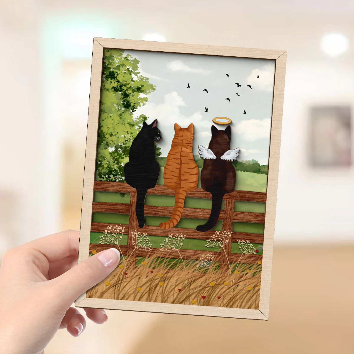 Cat Portrait Prints Cats Sitting on Fence in Countryside Personalized 2-Layer Wooden Plaque - Image 4