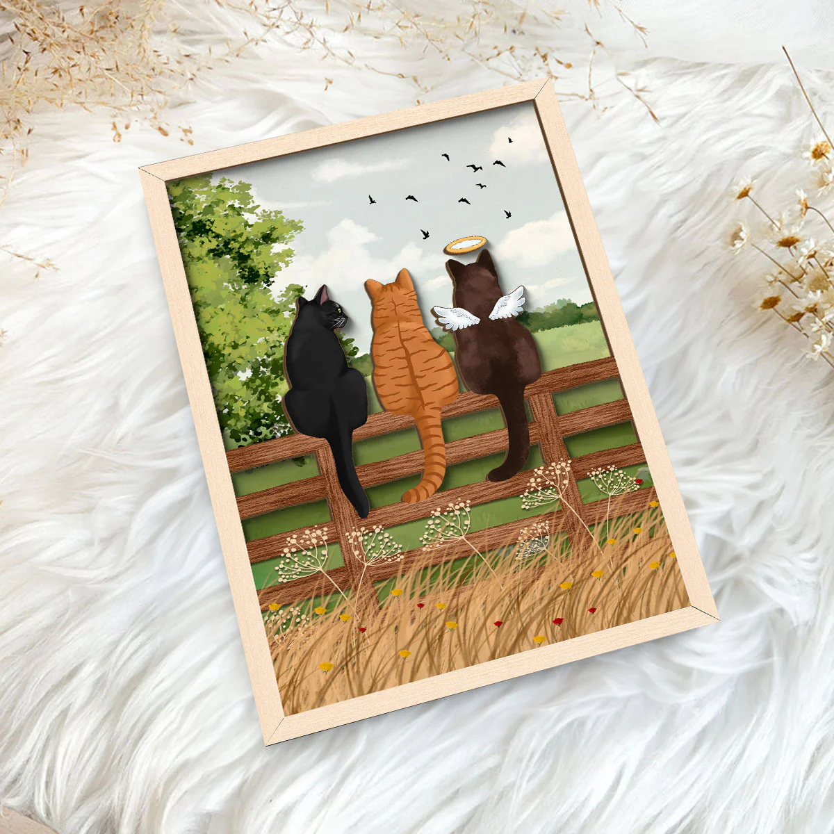 Cat Portrait Prints Cats Sitting on Fence in Countryside Personalized 2-Layer Wooden Plaque - Image 5