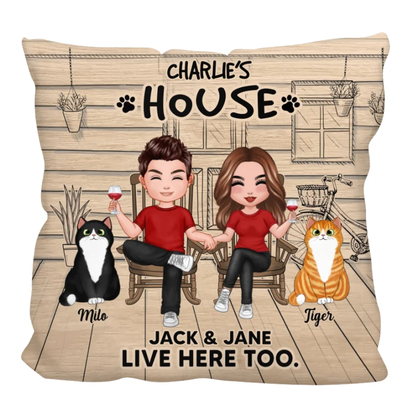 Cat‘s House Humans Live Here Too Funny Couple Personalized Pillow - Image 3