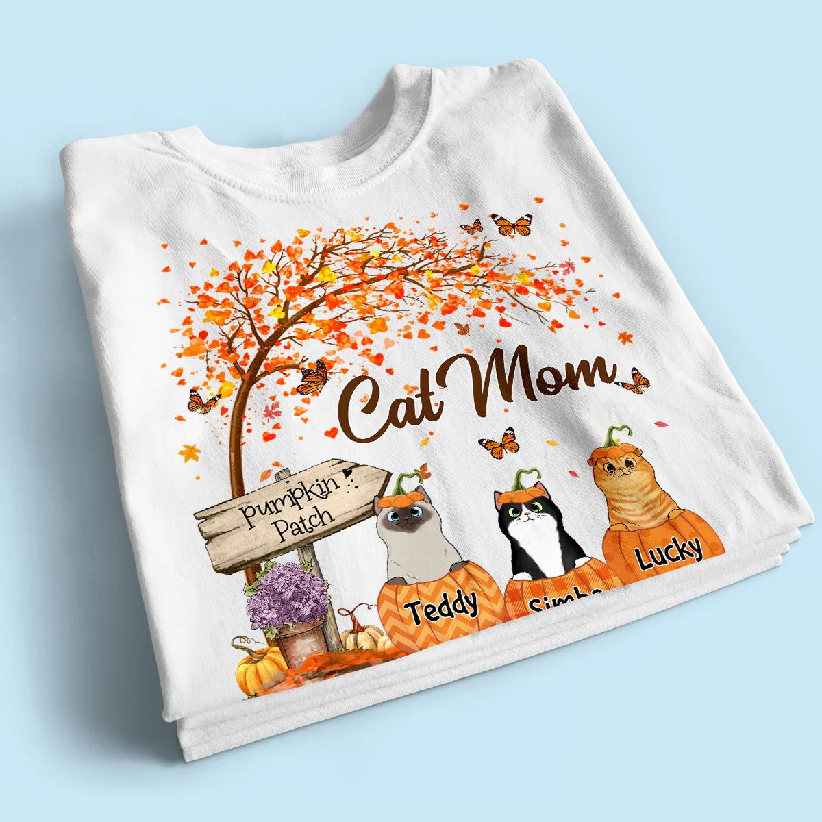 Fluffy Cats Pumpkin Personalized Shirt, Fall Season Gift for Cat Mom - Image 2